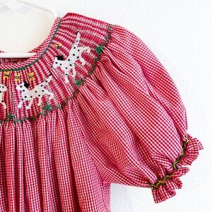 Girls Smocked Dalmatian Firefighter Red Gingham Puff Sleeve Dress